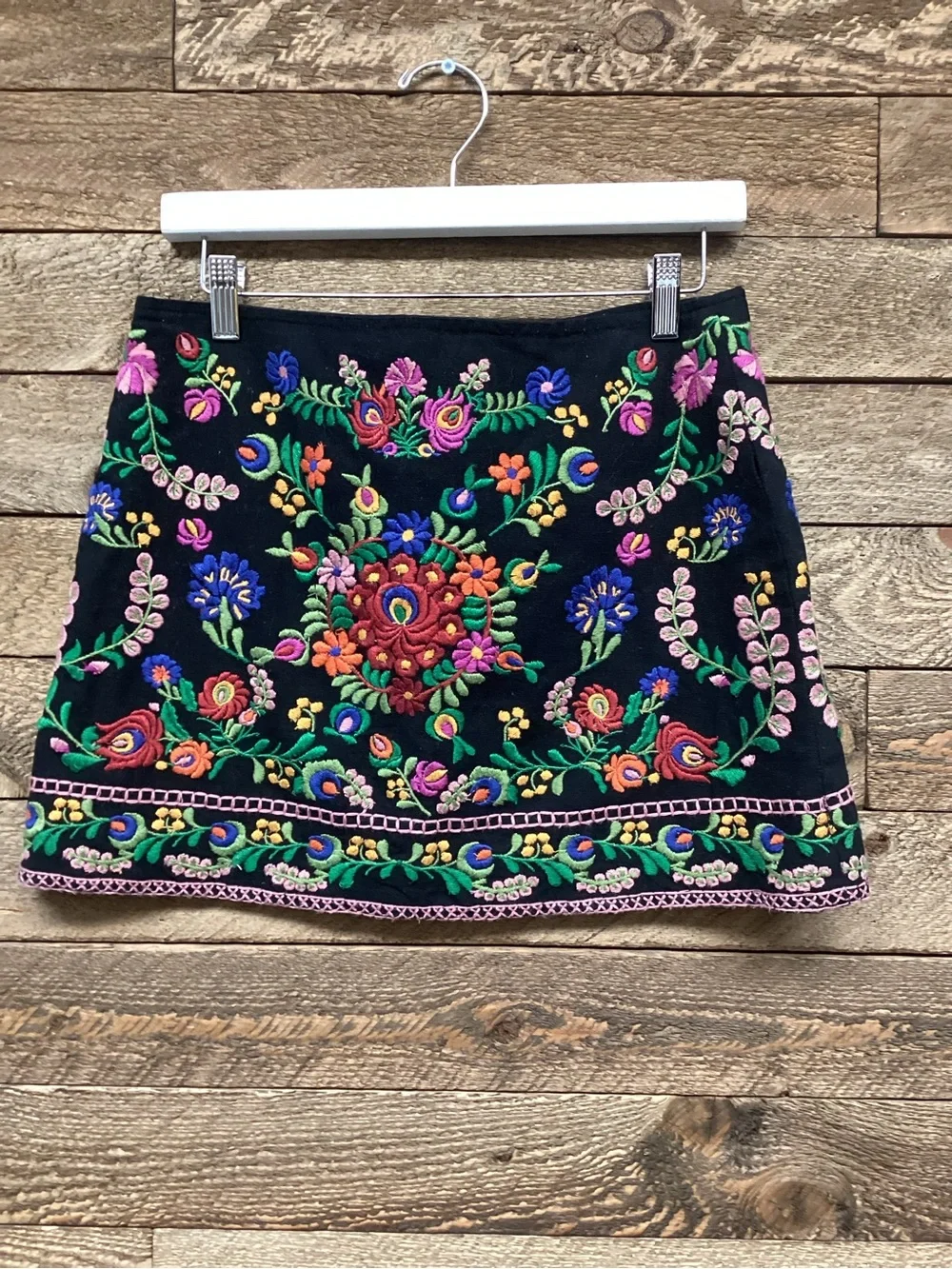 Zara Black Mini Skirt with Multicolor Floral Embroidery